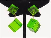 Mid Century Modern Green Cubed Lucite Earrings