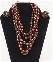 Brown Crystal and Beaded Necklace/Earrings Set