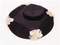 Vintage Black Ladies Hat with Ivory Flowers