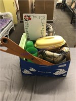 box of household- trays, cups, bowl, decor