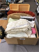 Box of linens, embroidered tablecloths