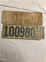 pair of 1920 IOWA license plates