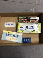Die-cast motor home toy, chrysler ad, licenseplate