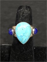 .925 STERLING SILVER RING WITH TURQUOISE AND LAPIS