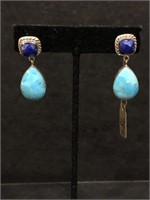 PAIR OF BEAUTIFUL TURQUOISE AND LAPIS GEMSTONE EAR