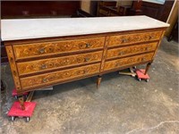 MARBLE TOP MARQUETRY INLAY 6 DRAWER DRESSER