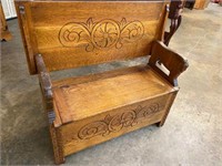 OAK INCISED CARVED LIONS HEAD BENCH/TABLE;