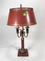 Tole table lamp, tin shade three light 24”t, 14”