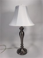 Pewter colored table lamp, silk shade.