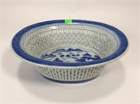 Blue Canton open lattice bowl, 4 small chips on