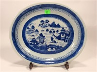 Blue canton oval platter, 2 small chips on rim