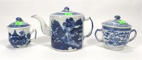 Blue canton tea pot, double handle sugar with