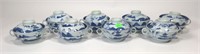 8  Blue Canton covered rice bowls, double handles