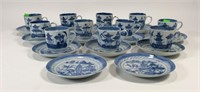 11 blue canton cups and saucers - two saucers no