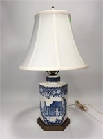 Blue & white lamp – hexagonal  shape, brass base,