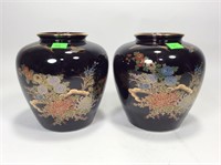 Pr. of pottery vases, black Glaize has stenciled