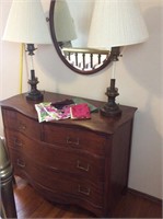 Vintage dresser, mirror, lamps, & more