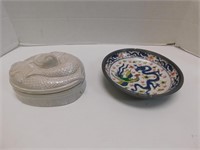 Lidded bowl and zinc lined bowl Covered fish