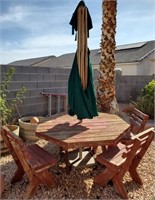 808 - WOODEN PATIO TABLE 4CHAIRS & UMBRELLA