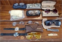 808 - TEN PAIRS OF GLASSES;KNIVES & WATCHES