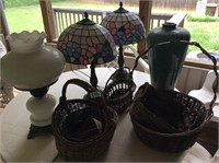 Stained glass lamps, baskets, & more