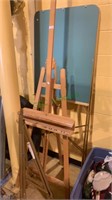 Wood artist easel, metal tripod stand, and a