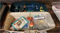 Fishing tackle box with contents, hooks,