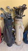 Two golf bags with golf clubs a mix of some