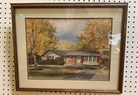 Nice framed watercolor of a suburban house,