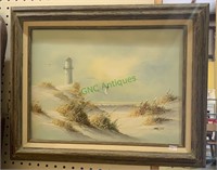 Vintage original oil painting beach scene with