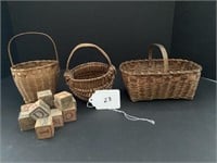 3 Small Antique Baskets & Wooden Blocks