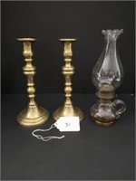 Pair of Early Brass Push Up Candlesticks & Finger