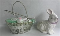 SILVER BASKET WITH EASTER EGGS AND RABBIT