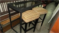 METAL FRAME GLASS TOP TABLE & 2 WICKER BAR STOOLS