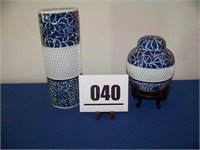Blue and White Vase and Covered Dish w/Stand