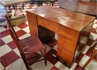 Antique walnut 7 drawer desk + slat back chair