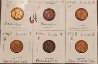 6 old 1940s Lincoln wheat pennies cents