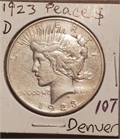 1923 D US PEACE silver dollar Denver VF