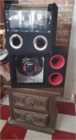 2 speakers Spectron C4 and wooden nightstand table