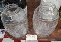 2 old primitive glass barrel pickle jars