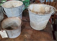 3 old primitive metal well buckets Canco etc