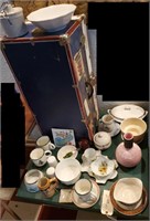 old metal trunk, collectible porcelain dishes more