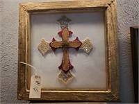 Cross art shadowbox in very old frame appx 18x18