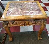 Side table w carved heads paw feet & brown marble