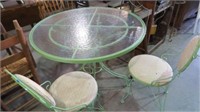 PAINTED WROUGHT IRON & GLASS PATIO TABLE W/2CHAIRS