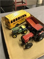 Case toy tractor,JD toy tractor,school bus,trailer