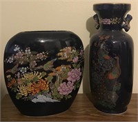 2 ORIENTAL NAVY FLORAL VASES WITH GOLD