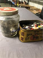 jar of old buttons, Dan Patch tabacco tin w button