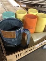 plastic cups and denim mug