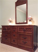 Dresser, mirror and lamps